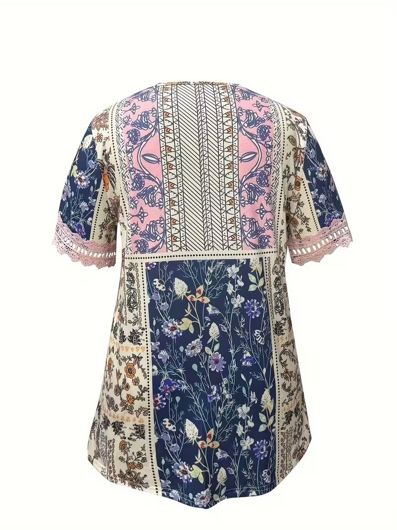 Women's Elegant Floral Print Contrast Lace Trim Round Neck T-Shirt - Lightweight Breathable Short Sleeve Casual Top For Spring Summer Fall, Machine Washable, Floral Print Blouse, Seasonal Fashion,