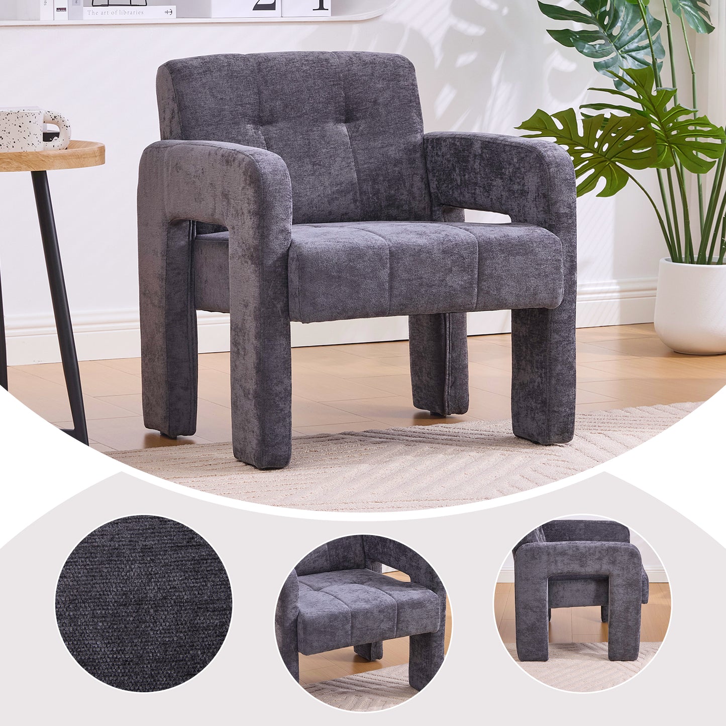Modern Minimalist Casual Single Armchair Living Room, Bedroom, Office Area Upholstered Chair Comfortable Padded Armchair Nordic Style Casual Seating Grauer Chenille