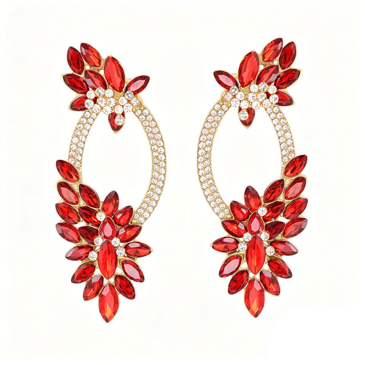 Vintage Floral Full Rhinestone Circle Drop Earrings - Niche Premium Evening Gown Photoshoot Aesthetic Ear Jewelry
