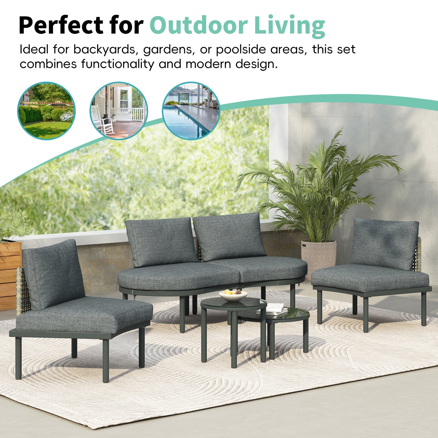 TOPMAX 6-Piece Patio Sofa Furniture Set, Half Moon Outdoor Sectional Sofa With 2 High-Low Coffee Tables, PE Wicker Rattan, Tempered Glass, 4 Pillows & Cushions, For Backyard, Garden, Poolside,Gray
