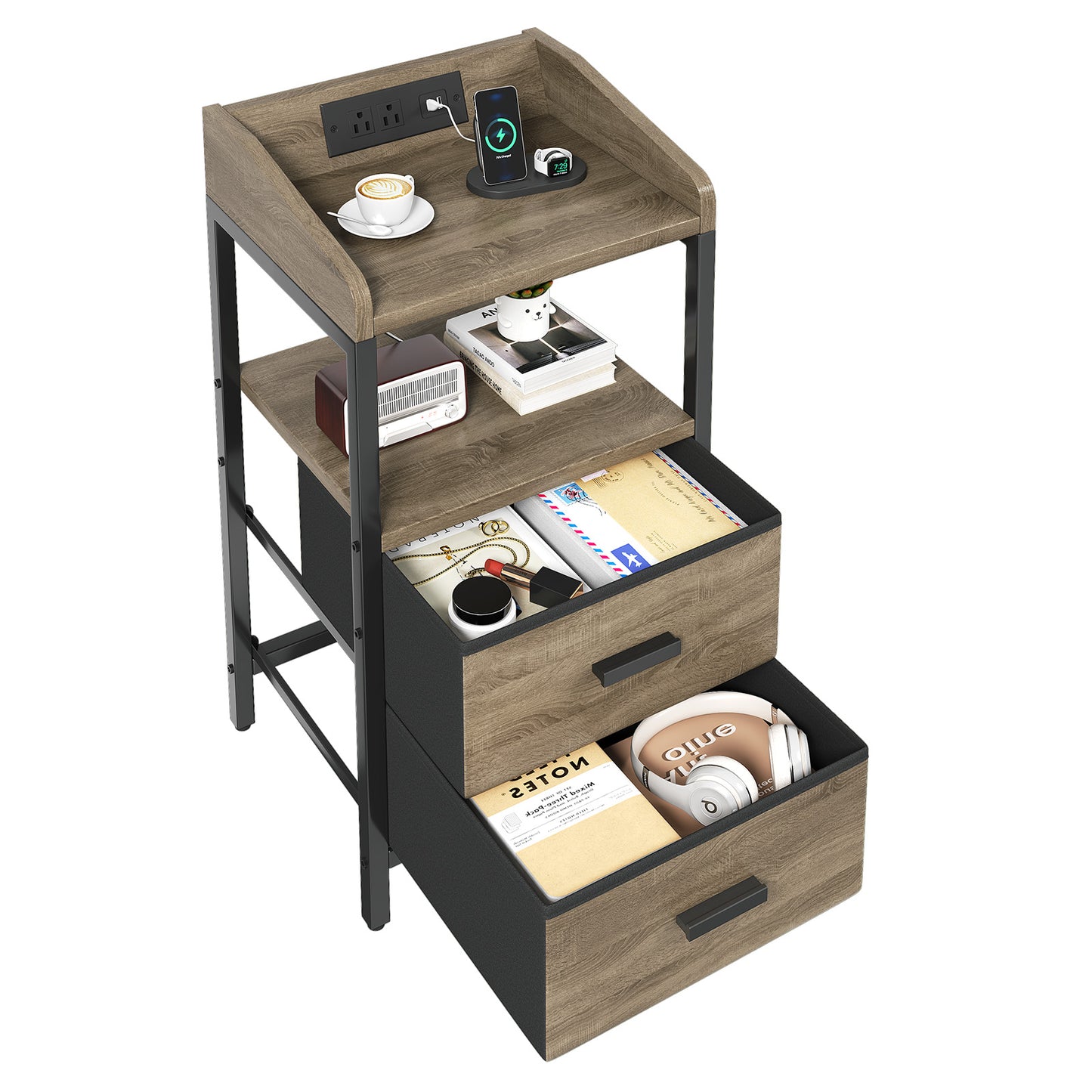 Nightstand With Charging Station Modern Bedside End Side Table With Guardrail Storage Shelf 2 Fabric Drawers USB Ports AC Outlets