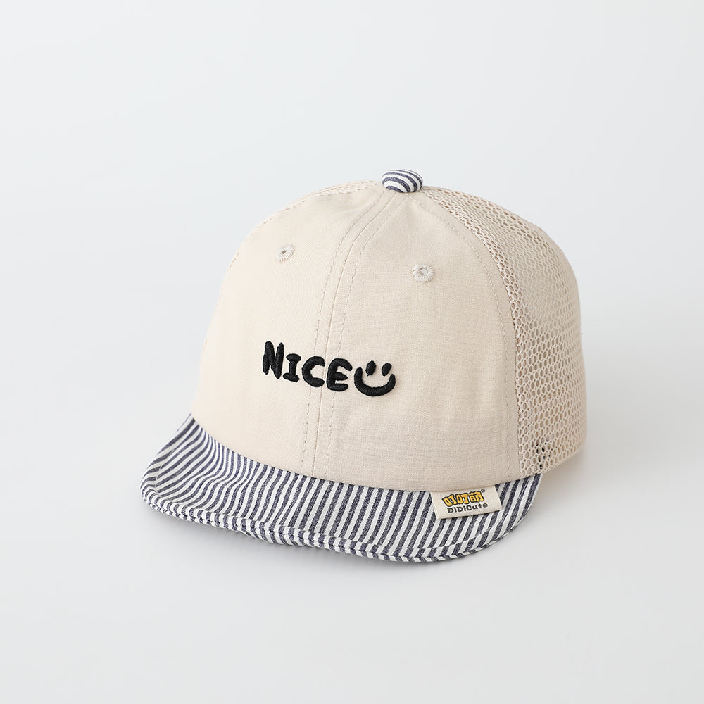 The New Children's Embroidered Letter Smiling Face Striped Soft Brim Net Fabric Breathable Baseball Cap Is Suitable For Babies' Daily Activities.