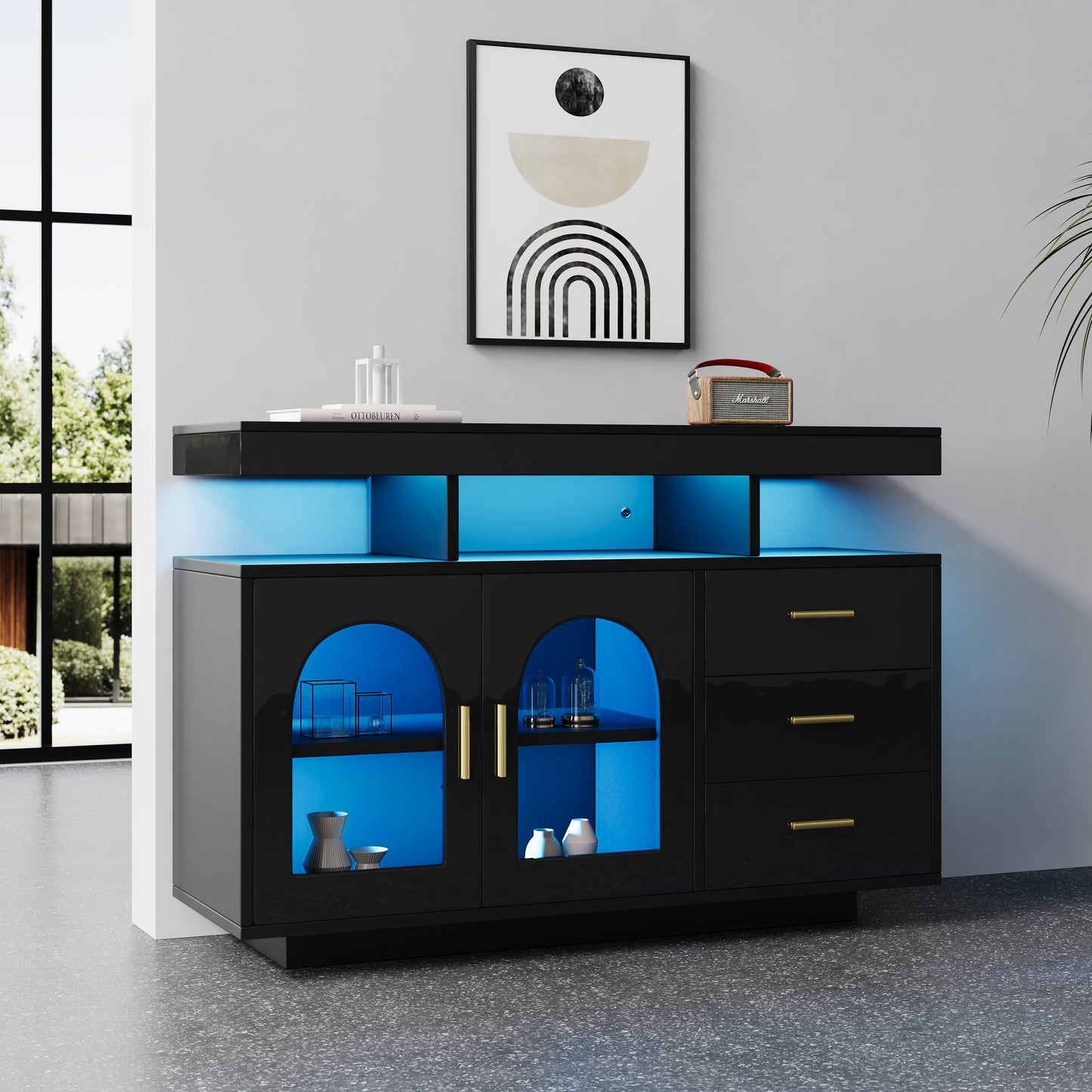 323704705BAA LED Sideboard Buffet Cabinet, 120cm Coffee Bar Cabinet, Drawer Cabinet, Living Room Sideboard, High Gloss Kitchen Cabinet With 16 Color Lights For Dining Room  Black