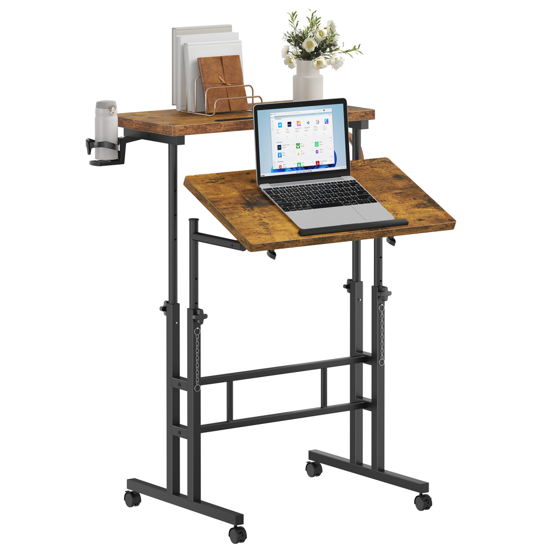 Separate-top Rotating Standing Desk, Manually Adjustable-height Wheeled Mobile Worktable, Sit-stand Dual-purpose Office Desk
