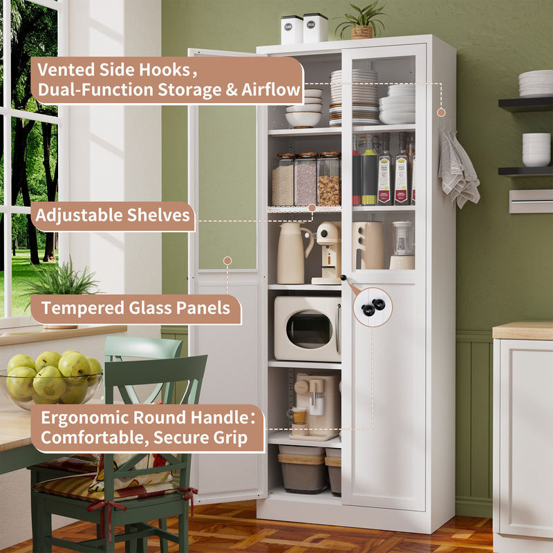 72in White Metal Pantry Cabinet W Doors & Shelves, Heavy-Duty Adjustable Storage Organizer, Tool-Free Freestanding For Living Room & Bathroom