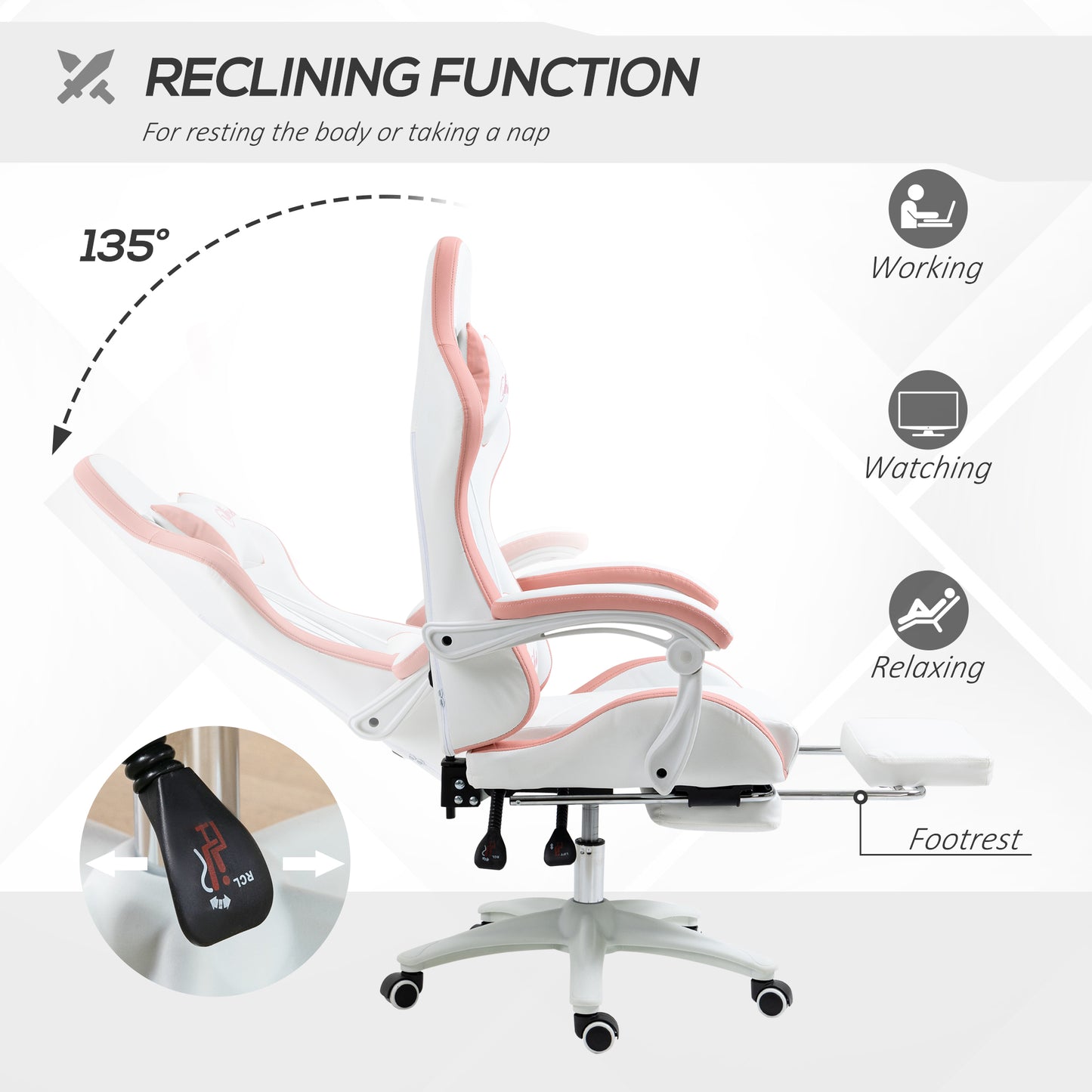 Vinsetto Computer Gaming Chair, PU Leather Office Desk Chair With Footrest, Swivel Wheels, 135° Reclining Back, Lumbar Support, Headrest For Home, White And Pink