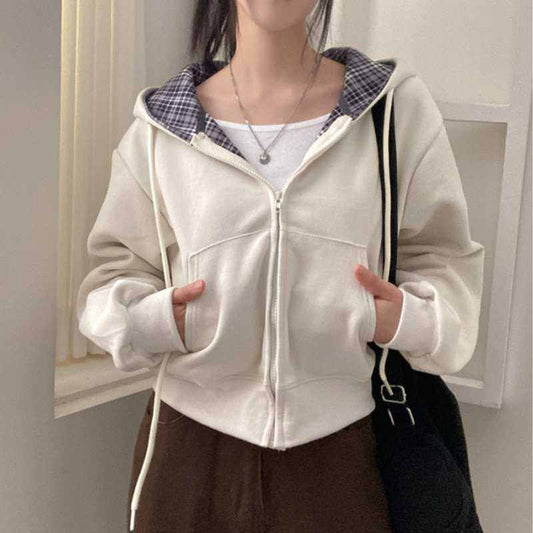 Korean Chic Casual Loose Temperament All-match Plaid Stitching Hooded Sweater