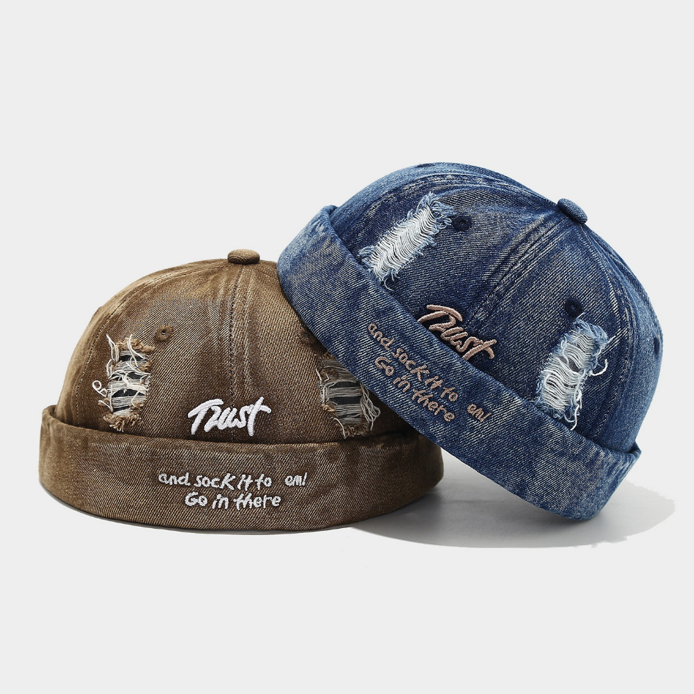 Summer Men's And Women's Identical Washed-hole Trust Letter-curved-brimmed No-visor Cowboy Hat Suitable For Outdoor Outings And Daily Use