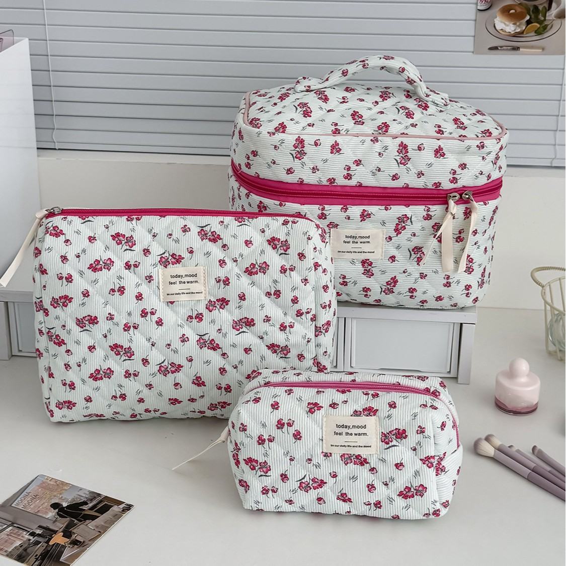 New Corduroy Green Floral Makeup Bag