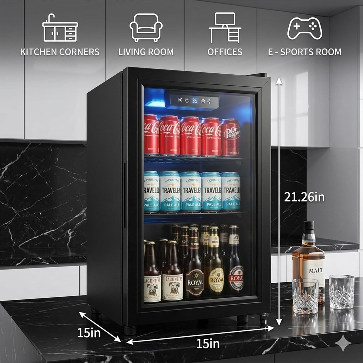 1.8 Cu Ft Beverage Refrigerator, 70 Can Mini Fridge With Glass Door, Digital Temperature Control, Adjustable Shelves, Quiet Cooler For Beer Soda Wine, Office Dorm
