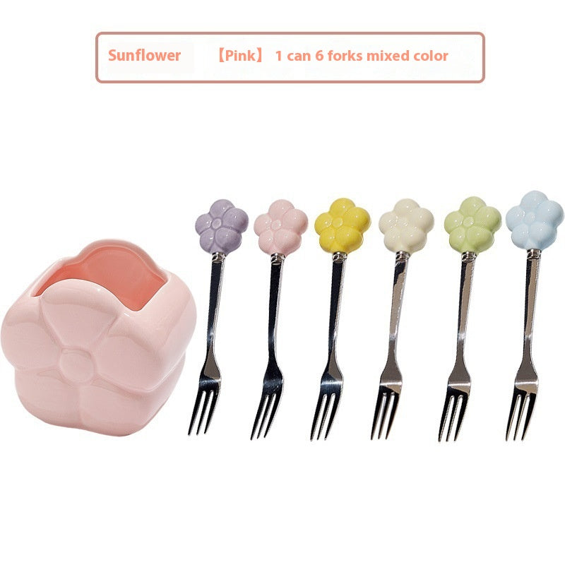 Creative SUNFLOWER Stainless Steel Fruit Fork Ceramic Storage Tank Kitchen Gadgets