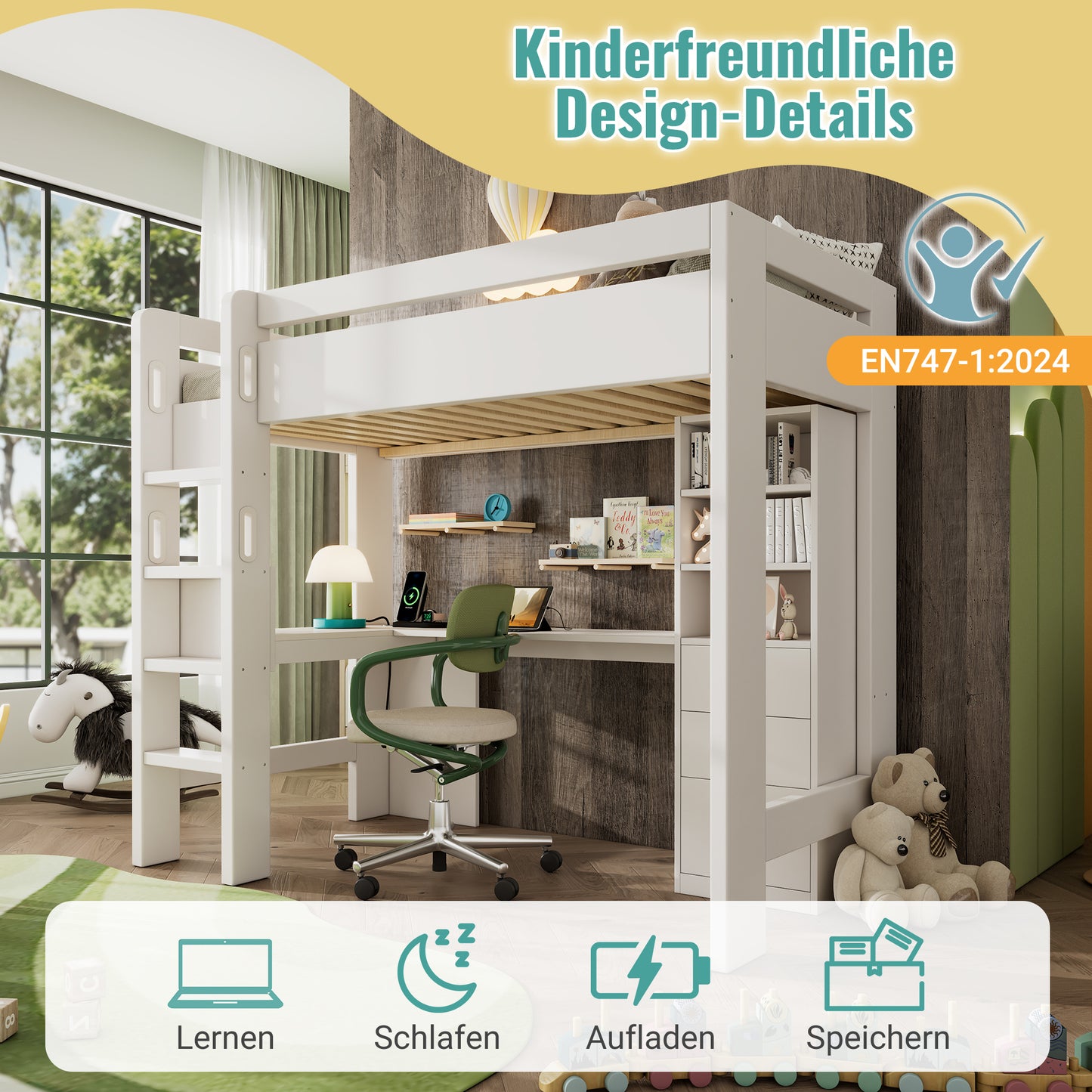 Loft Bed With L-shaped Desk, Shelves And Drawers With USB Type-C Charging Area, Youth Single Bed With Ladder And Wooden Slatted Base, 90x200cm, White, Without Mattress.