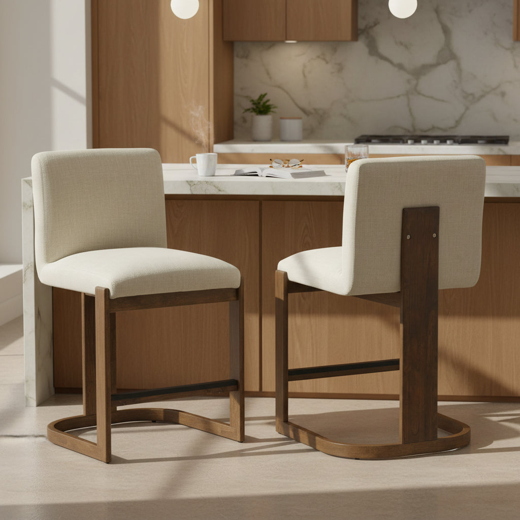 Modern Bar Stools Set Of 2, 24  Solid Wood Counter Height Barstools, Linen Upholstered Kitchen Island Chair With Walnut-Finished Wood Legs For Home Bar Coffee Shop,Beige