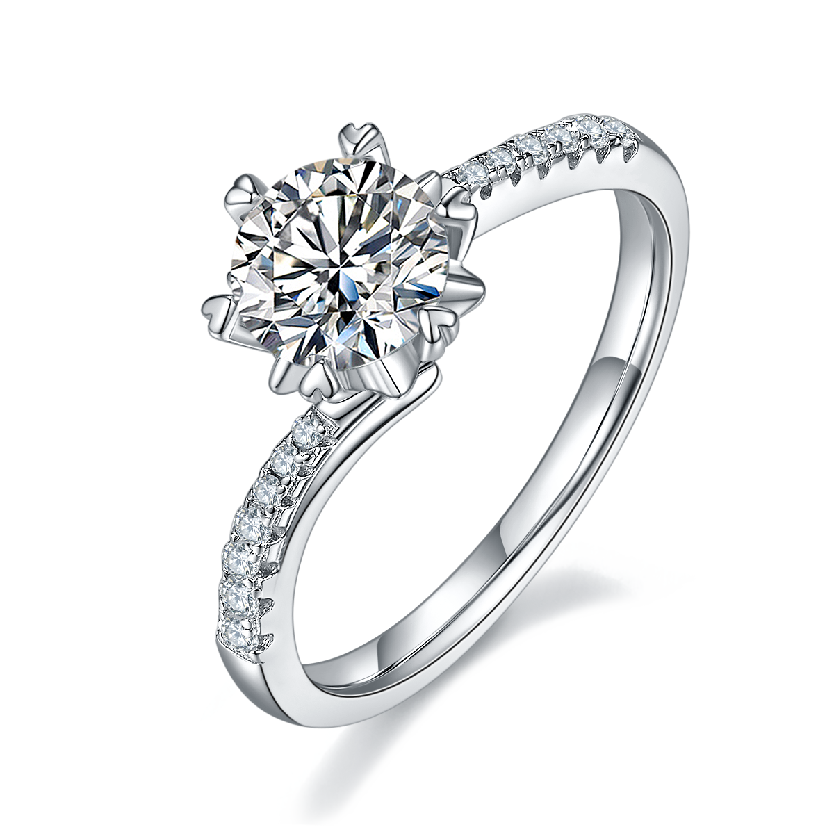 S925 Sterling Silver 1ct Moissanite Engagement Ring, D-VVS1 Round Cut, Platinum Plated, 6-Prong Heart Setting, US Sizes 5-9 With GRA Certificate Gift Box