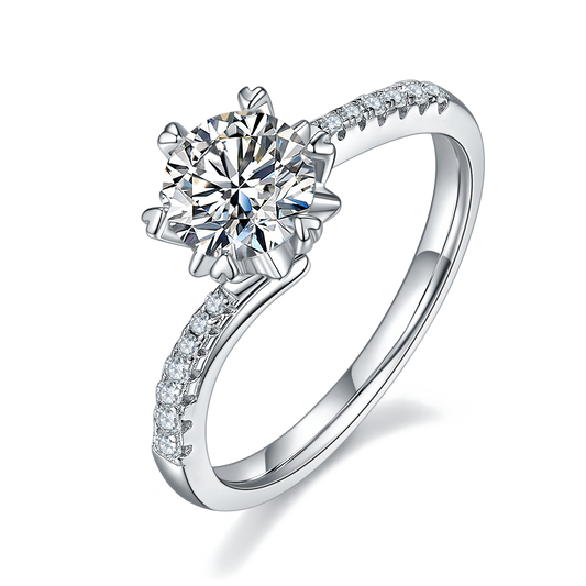 S925 Sterling Silver 1ct Moissanite Engagement Ring, D-VVS1 Round Cut, Platinum Plated, 6-Prong Heart Setting, US Sizes 5-9 With GRA Certificate Gift Box