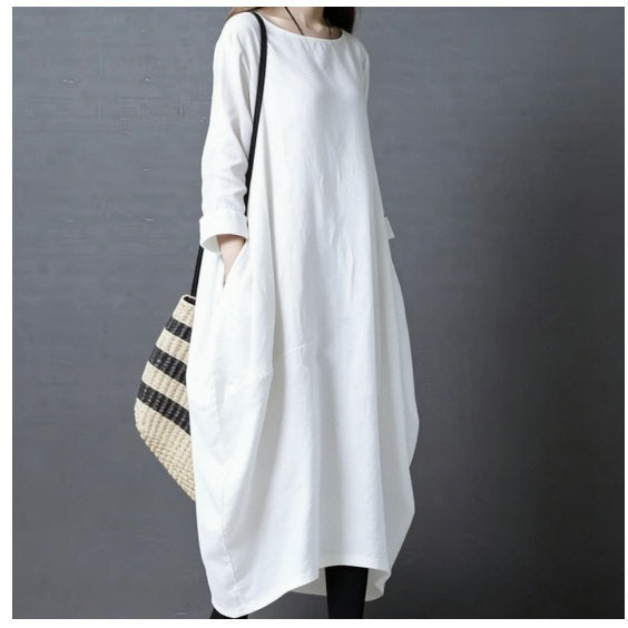 Womens Korean-style Loose-fit Plus-size Cotton-linen Long Dress With Long Sleeves And A Round Neckline