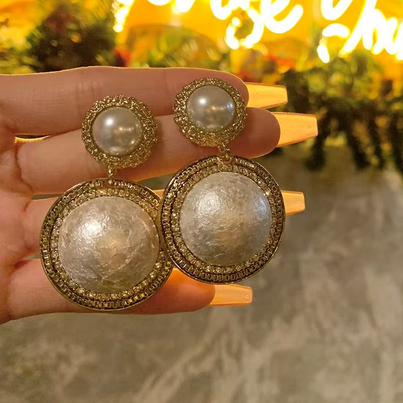 Korean Style Geometric Round Diamond-Studded Drop Earrings, Retro Cotton Pearl Earrings, Light Luxury Niche Premium Jewelry For Women
