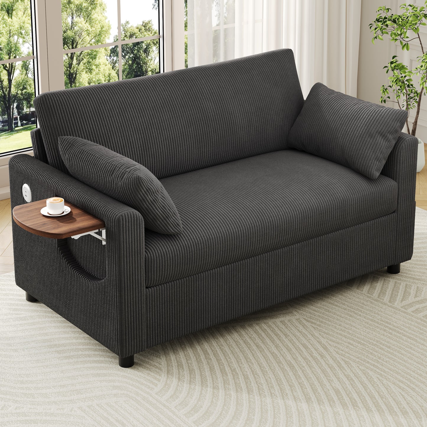 Pull-out 2 Seater Sofa Bed With Sleeping Function, USB Charging Port, Folding Side Table, Mattress, Two Sheets And Two Pillows, Ideal For Living Rooms And Apartments, Grey