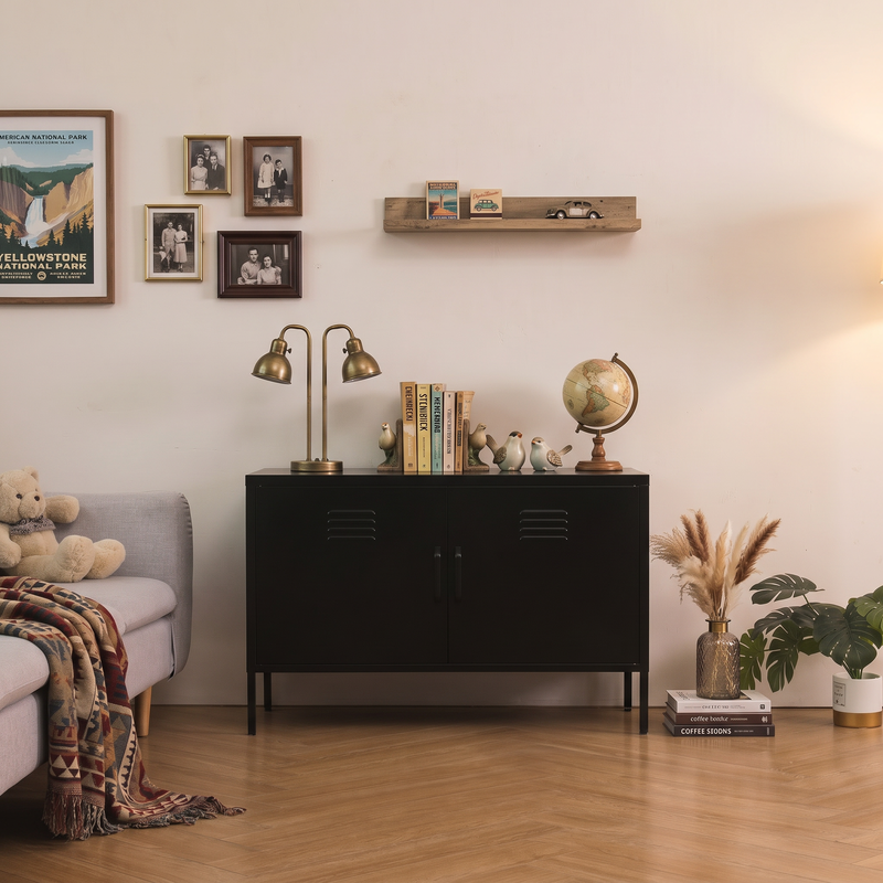 Black 2-Door Wide Metal Storage Cabinet W Legs & Vent, Low Side Cupboard For Home Office Dining Living Room