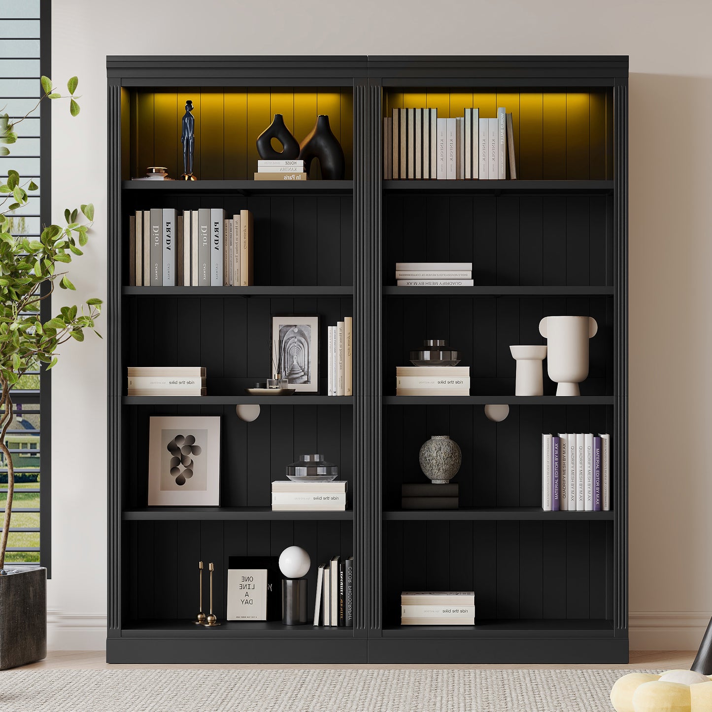 83 Tall Wood Bookcase Suite With Light Strip ,5-Tier Home Decor Bookcase Suite With Adjustable Shelves,Storage Organizer,Free Standing Storage Shelves Suite For Living Room,Home Office,Black