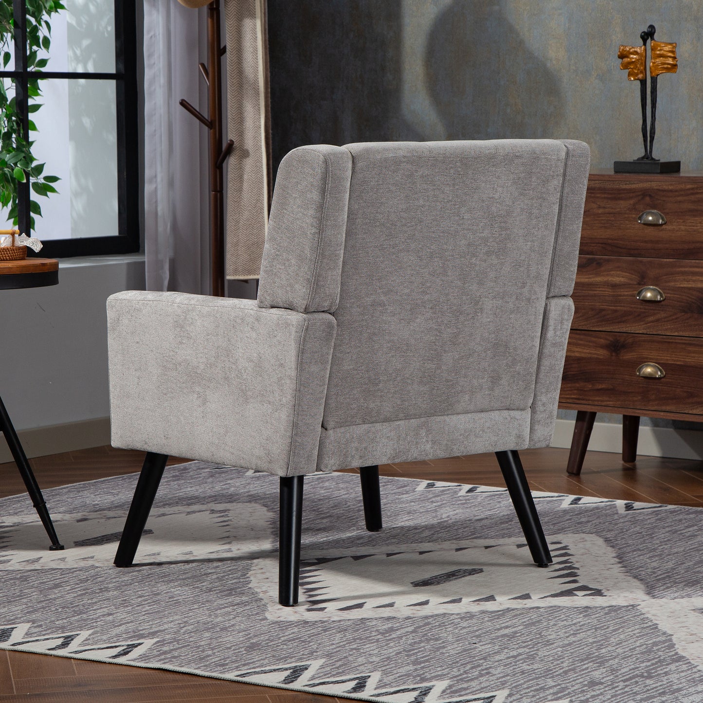 Upholstered Chair With Button Upholstery In Suede - Mid-Century Modern Armchair With High Density Foam Cushions And Solid Wood Legs For Small Spaces Living Room, Bedroom, Office