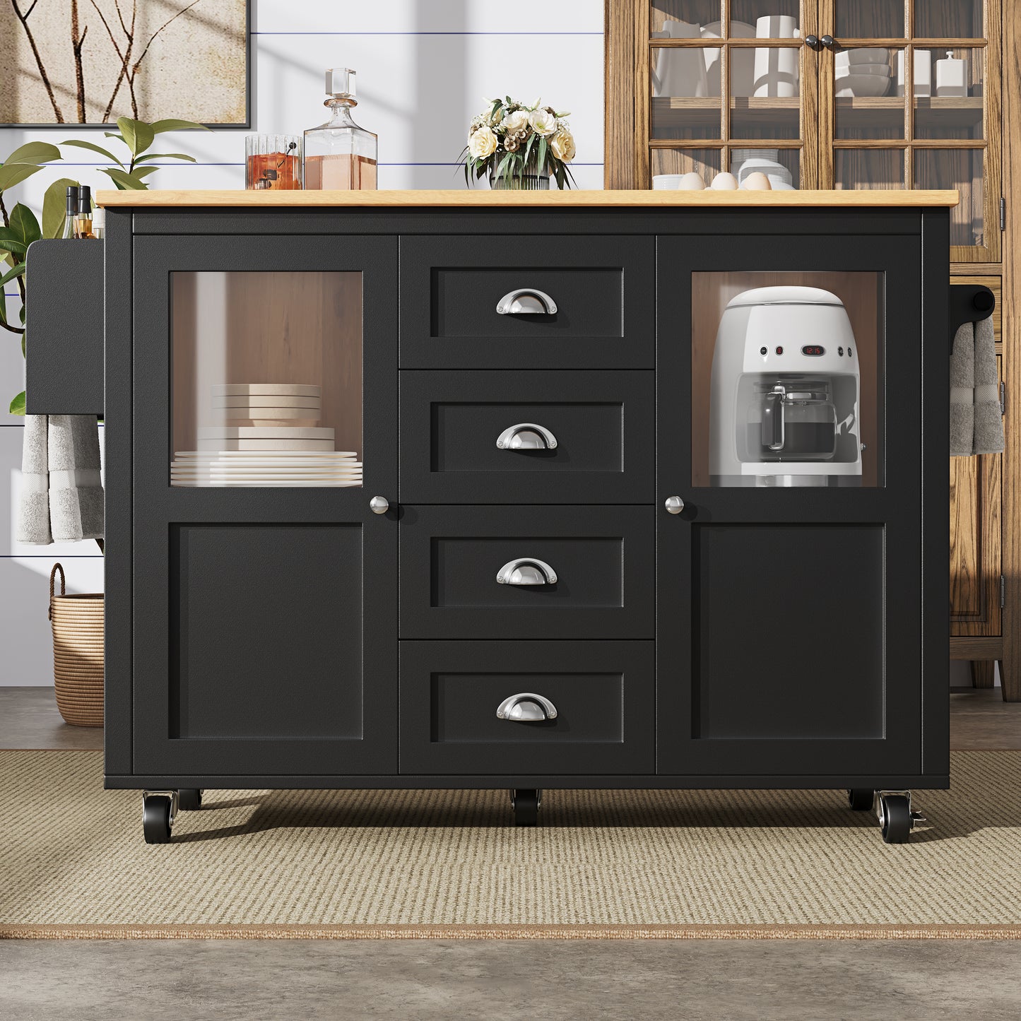 Kitchen Island, Kitchen Cabinet, Buffet Cabinet, 120x73 X93cm, Pull-Out Kitchen Cart With Wheels, Towel Rail, Spice Rack, Adjustable Shelves, Two Doors, Four Drawers, White Black
