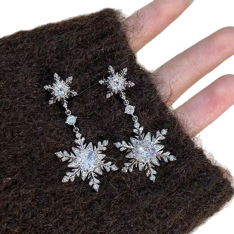 2026 New Bestseller Full Paved Rhinestone Double Snowflake Tassel Drop Earrings, Elegant Exquisite Luxury Women's Stud Ear Jewelry