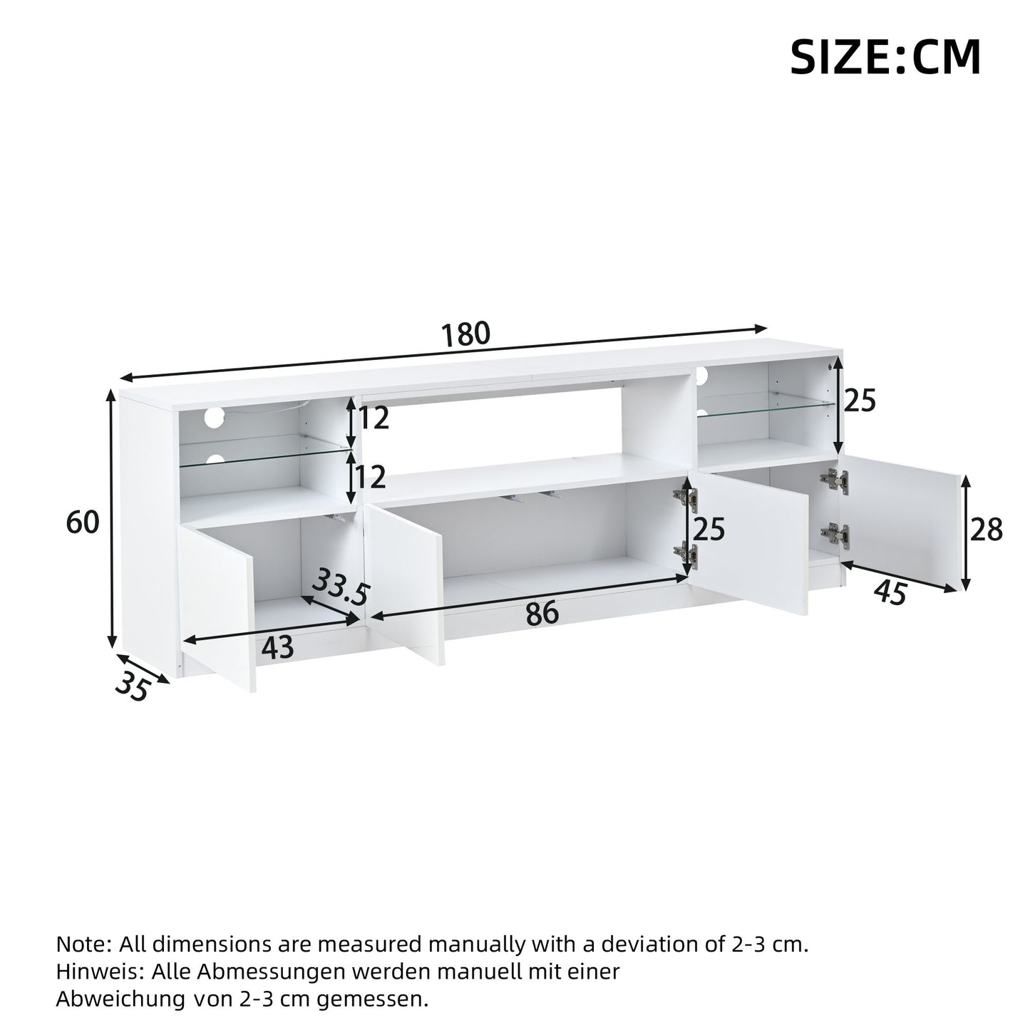 TV Cabinet With LED Lighting, Open Cabinet, 4 Hinged Doors, 8 Storage Spaces, White High-gloss Cabinet, TV Stand For TVs Up To 75 Inches, TV Lowboard For Living Room, Dining Room, 180 X 35 X 60 Cm