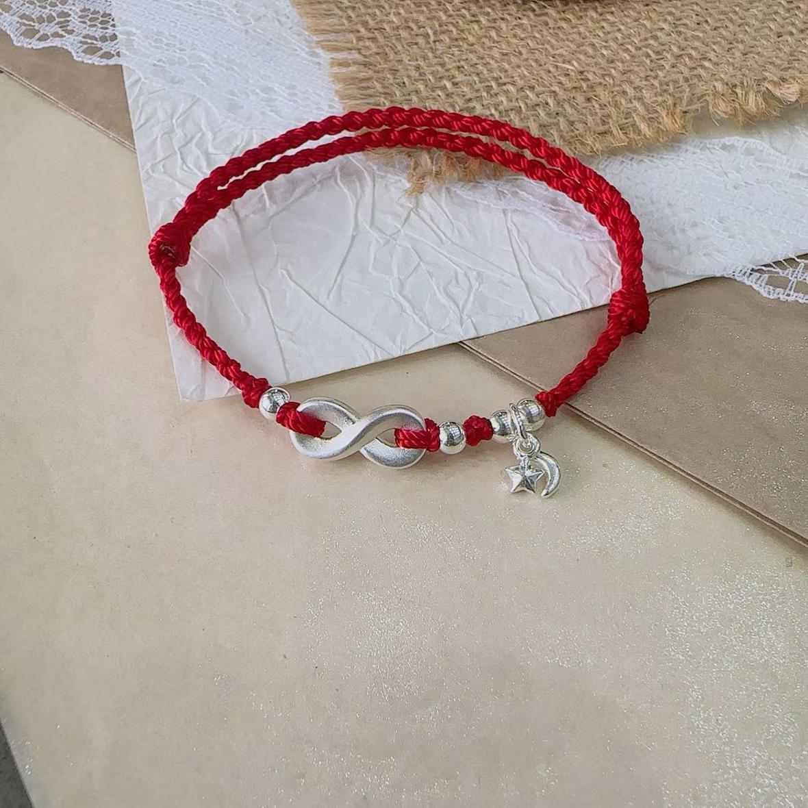 1pcs 999 Sterling Silver Infinity Star Moon Charm Double Red Rope Braided Bracelet, Elegant Chinese Style, For Daily Date Wear & Girlfriend Valentine Lucky Gifts
