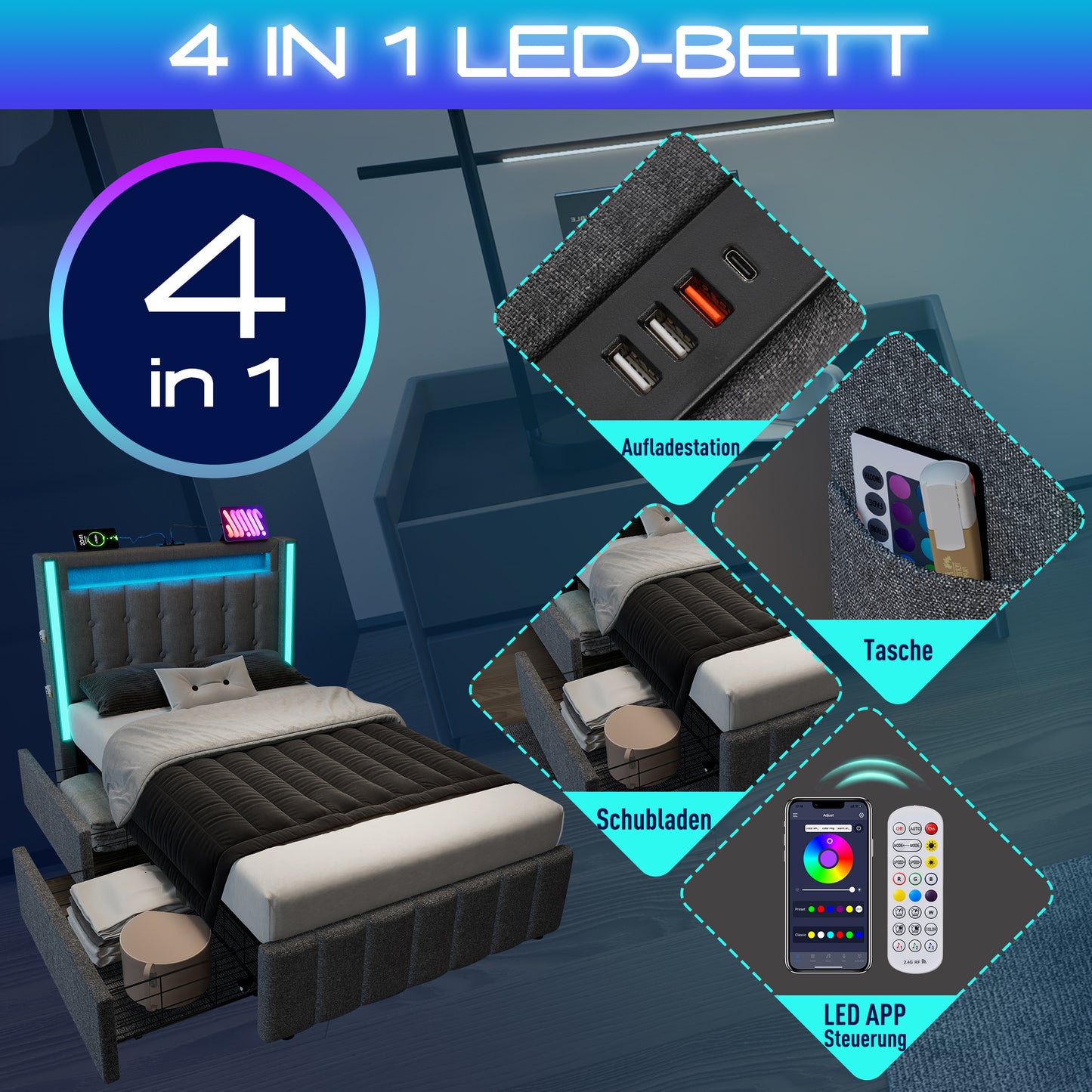 Upholstered Bed USB Type C Charging Function LED Lighting And 2 Drawers, Youth Beds 90x200cm Single Bed Storage Beds Bed Frame, Wooden Slatted Base, Grey  Without Mattress