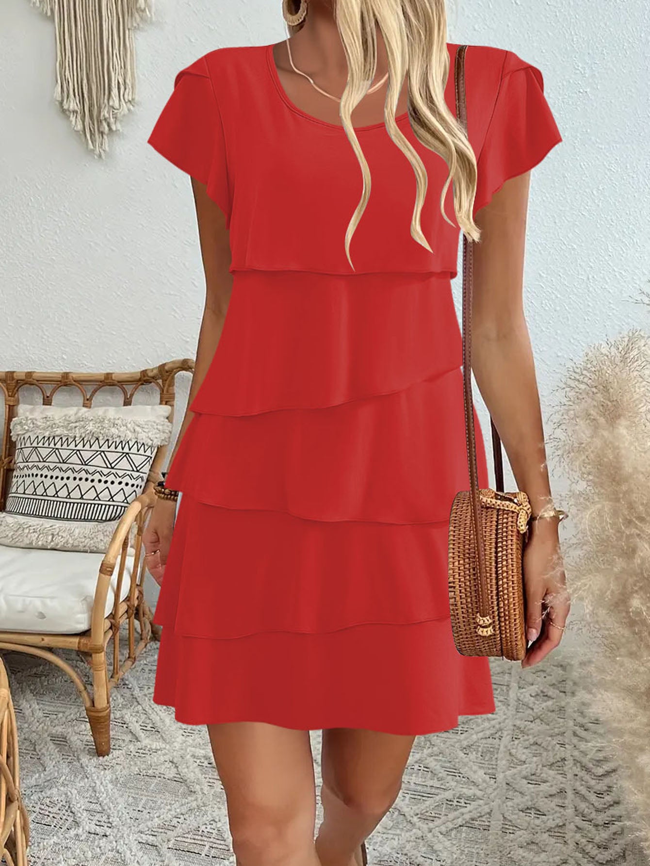 Summer Fashion Cake Dress, Elegant Loose Slimming Round Neck Flutter Sleeve Women Dress