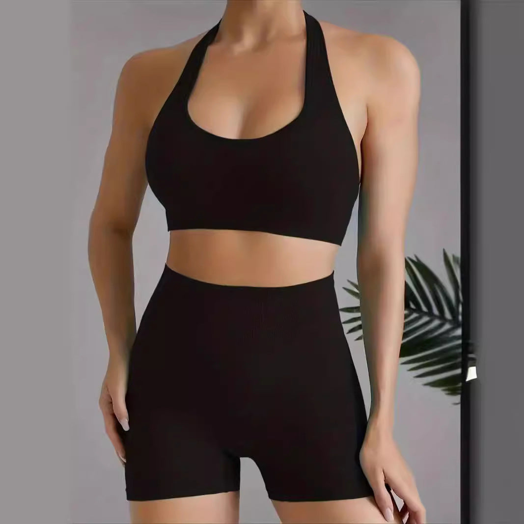 Seamless Knitted Beauty Back Sling Halter Bra Shorts Two-piece Set