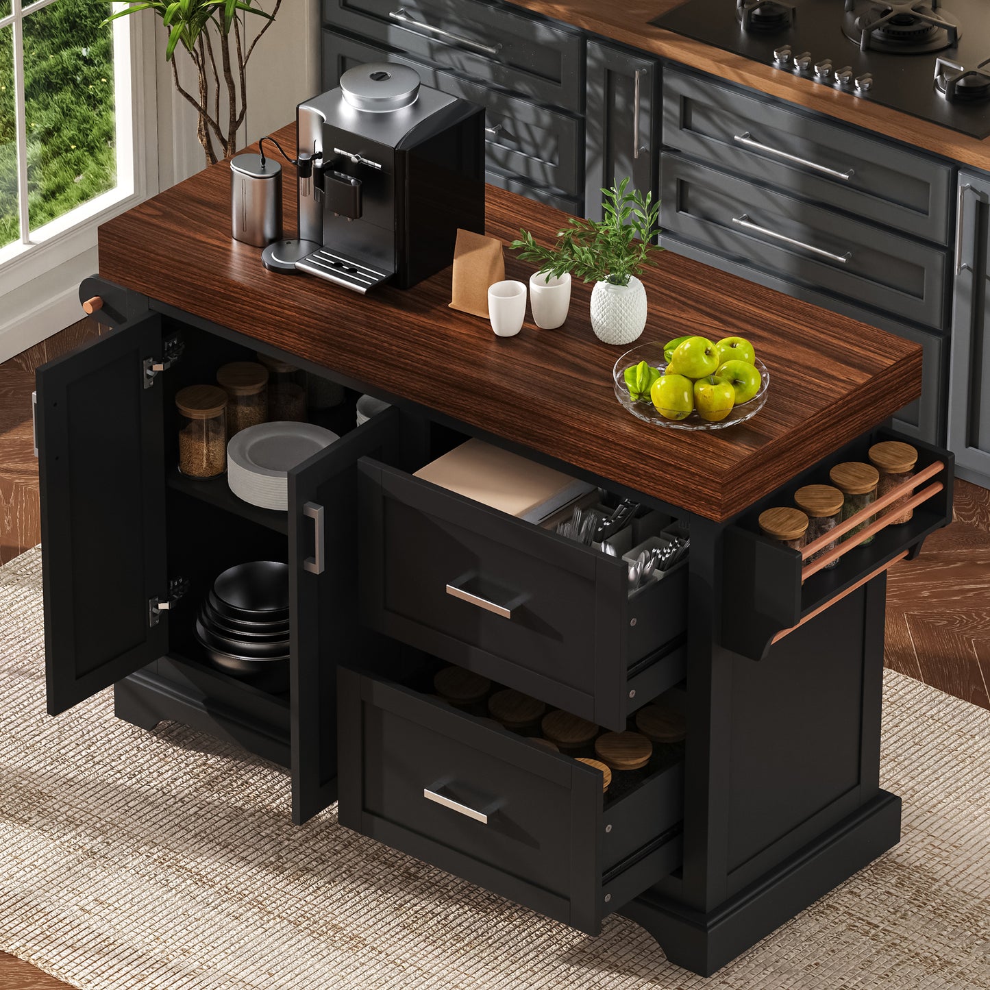 K&K 53  Large Kitchen Island With 3.5  Thick Desktop, Spice And Towel Racks, Rolling Kitchen Island With Storage On 5 Wheels, 2 Extra Large Drawers, For Home, Kitchen, Dining Room, Black