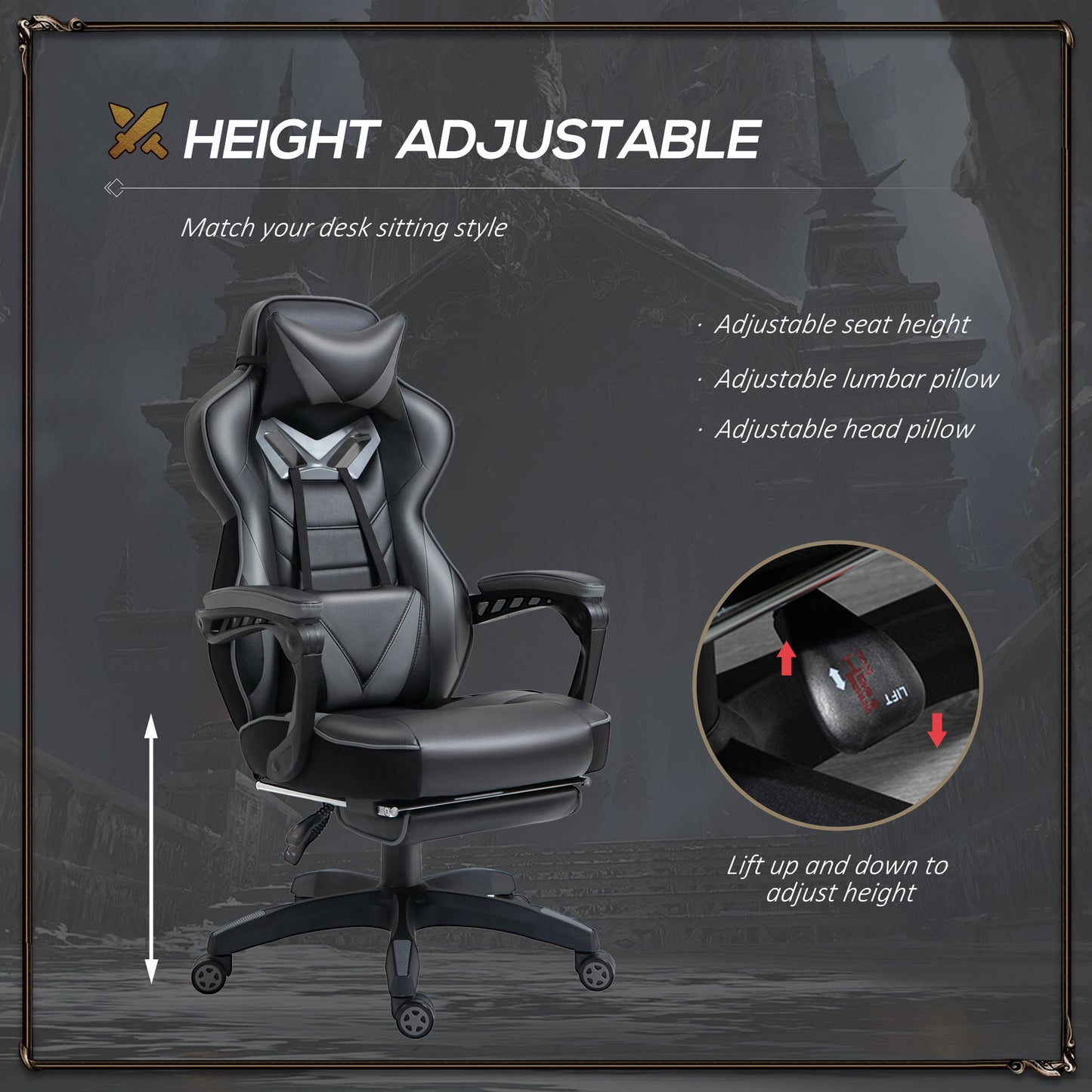 Vinsetto Computer Gaming Chair, Racing Desk Chair With Lumbar Support And Footrest, PU Leather Gamer Chair With Headrest And Swivel Wheels For Home, Grey