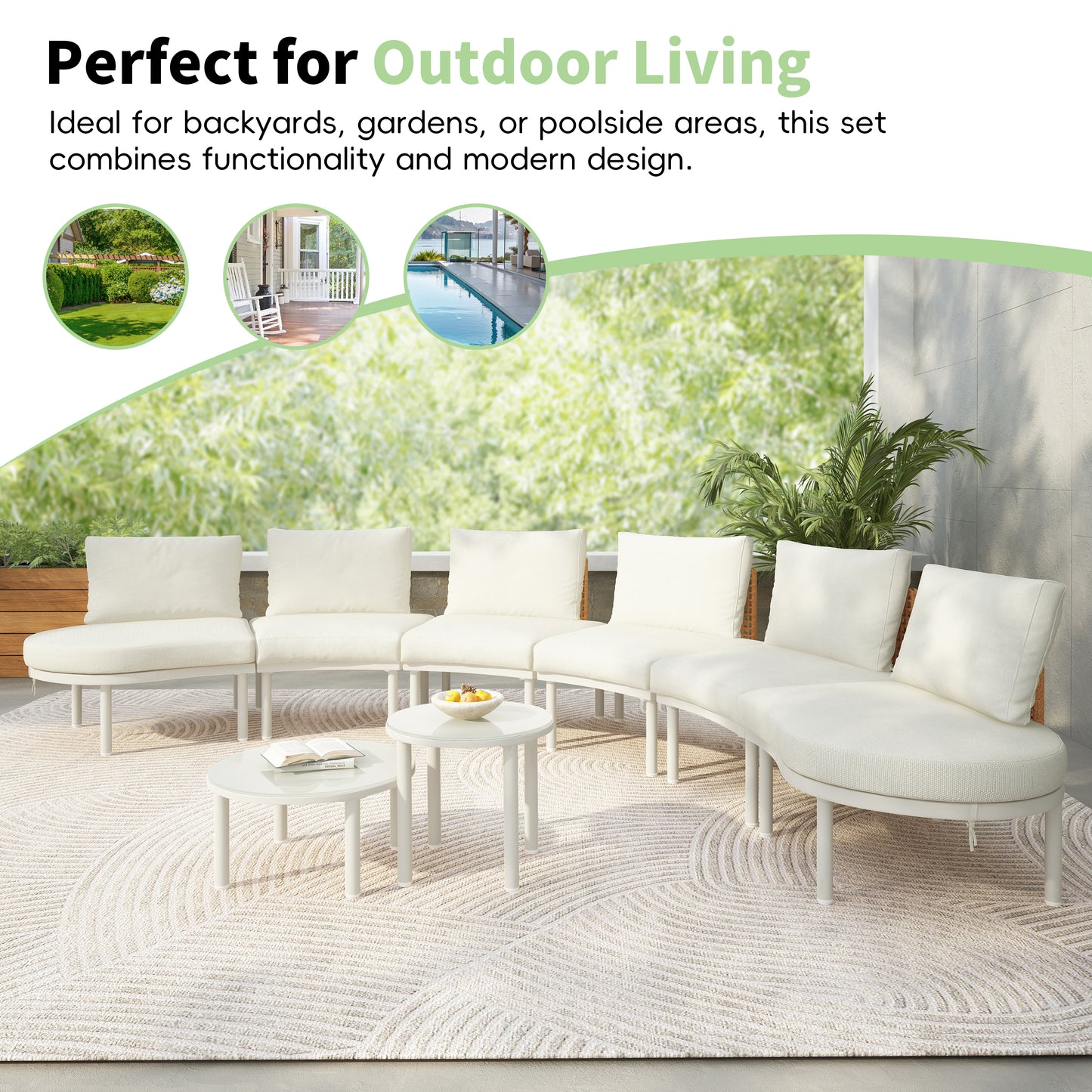 TOPMAX 8-Piece Patio Sofa Furniture Set, Half Moon Outdoor Sectional Sofa With 2 High-Low Coffee Tables, PE Wicker Rattan, Tempered Glass, 6 Pillows & Cushions, For Backyard, Garden, Poolside,Beige