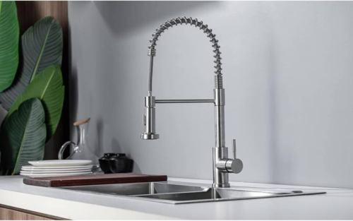 Monobloc Silver Kitchen Sink Mixer Taps With Pull Out Hose Spray Single LeverTap