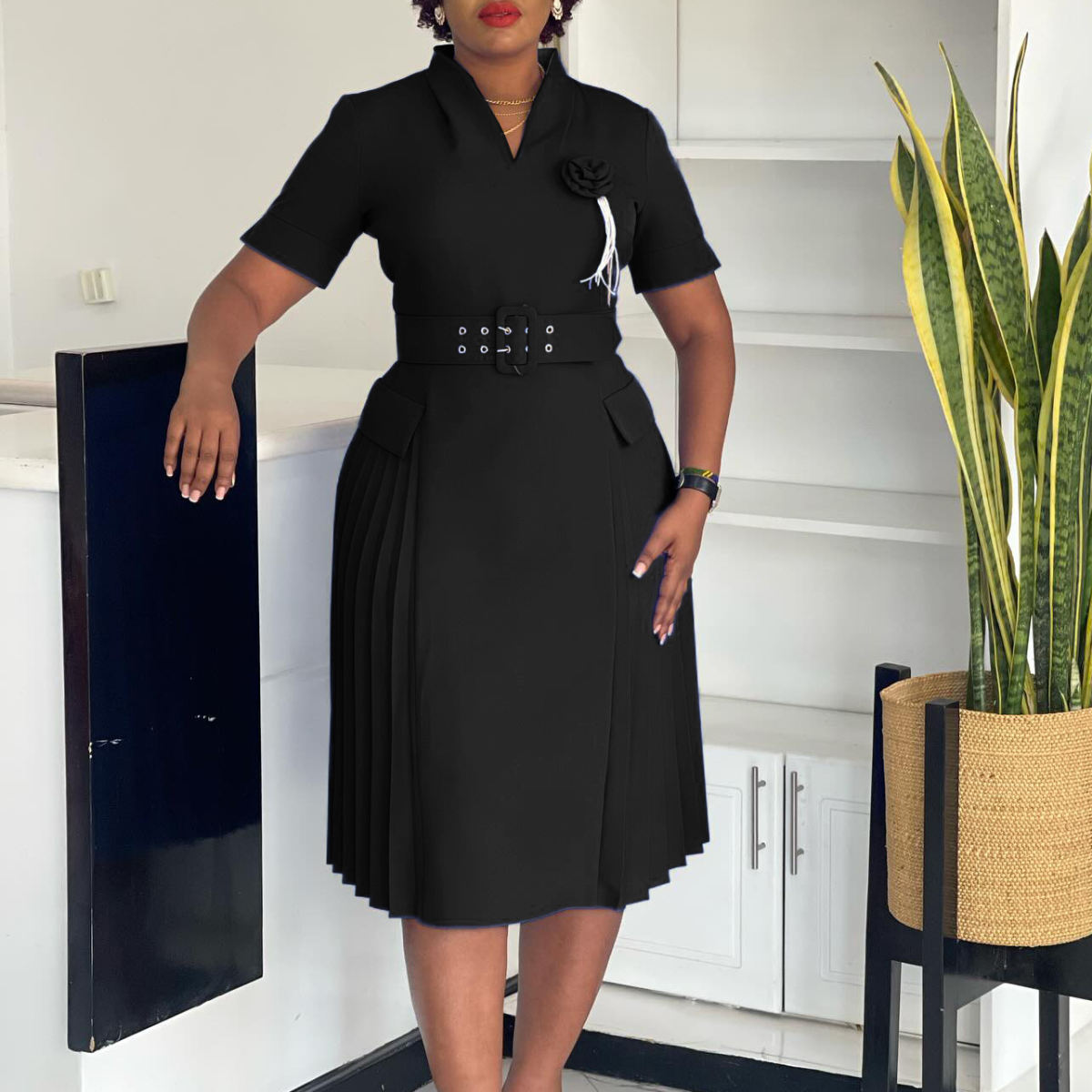 Womens New Stylish Elegant V-Neck Solid-Color Plus-Size High-Waist Dress
