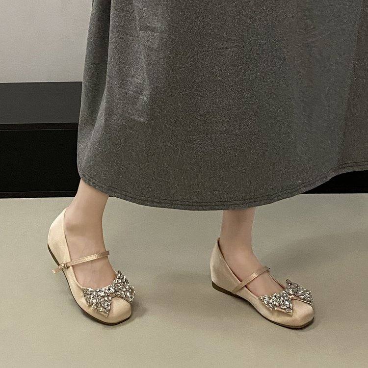French Style Mary Jane Shoes For Women, New Rhinestone Bow Elegant Fashion Flats