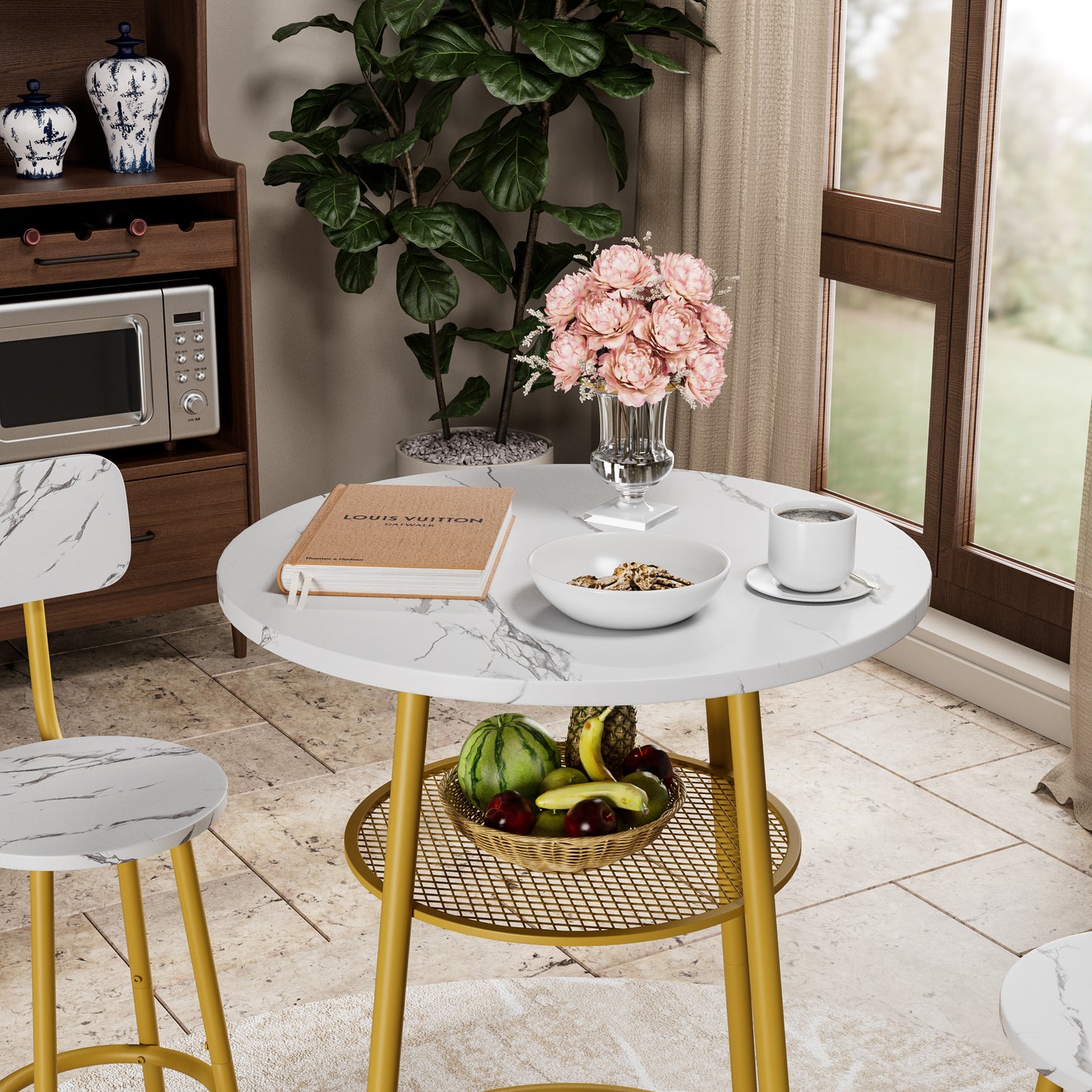 3 Pcs Dining Table And Chairs Set With 2 Stools Dining Table Set Faux Marble Tabletop For Home Or Hotel Dining Room, Kitchen Or Bar