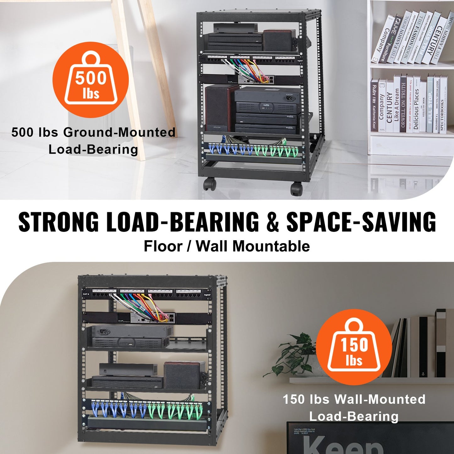15U Open Frame Server Rack, 23''-40'' Adjustable Depth, Free Standing Or Wall Mount Network Server Rack, 4 Post AV Rack With Casters, Holds All Your Networking IT Equipment AV Gear Router Modem