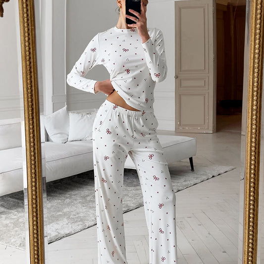 Womens Knitted Long-Sleeve Pajama Set With Christmas Print For Home Wear