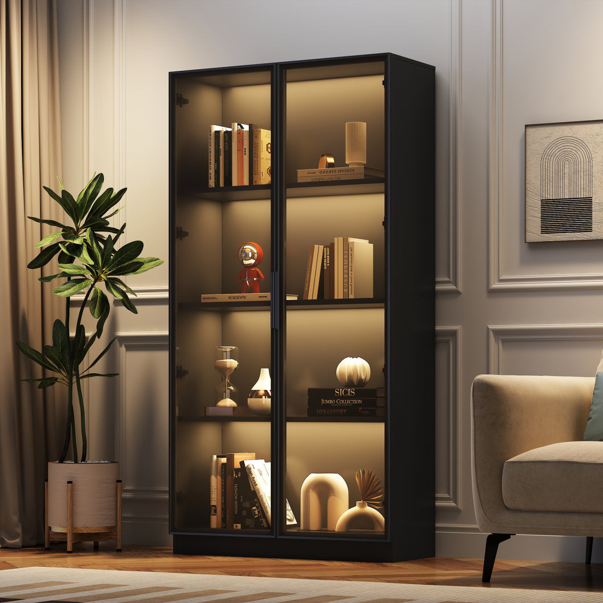 Glass Display Case With APP LED Lighting, Double Door Display Case With Movable Shelves, 80X40X160cm, Tall Cabinet For Living Room, Stand Display Cabinet, Bathroom Cabinet