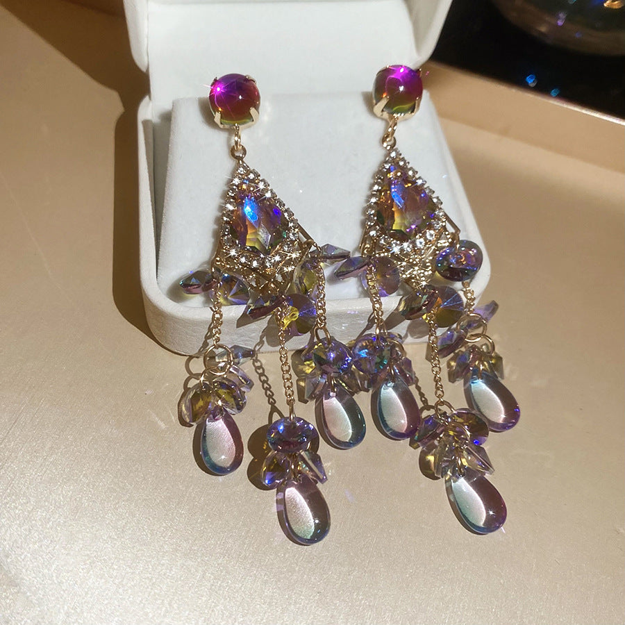 Korean Style Sweet Purple Rhinestone Crystal Flower Earrings For Women Luxury Elegant Versatile