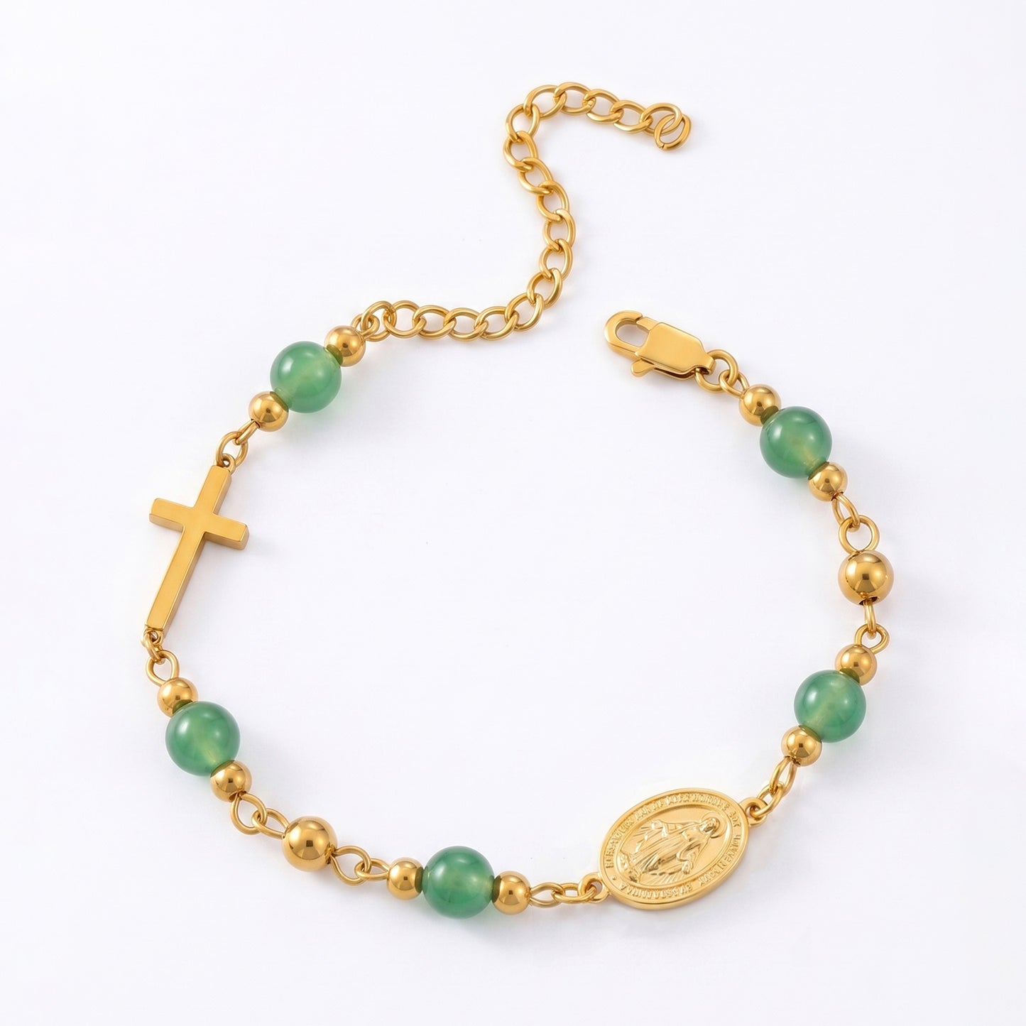 18K Gold Plated Stainless Steel Chain Bracelet For Women Natural Stone Beads Virgin Mary Miracle Medal Cross Bracelets Religious Catholic Jewelry Link Chain Gift