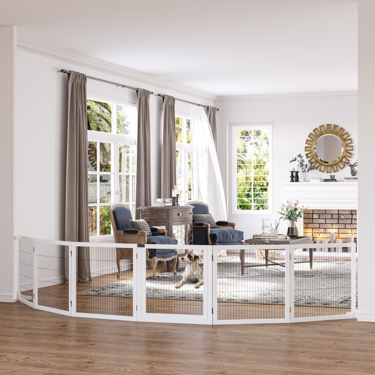 Wooden Pet Gate, 6-Panel Folding Dog Safety Barrier with Support Feet for Small & Medium Dogs, White