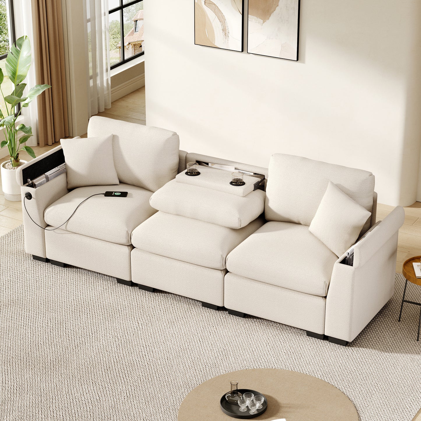 Modern Three-seater Sofa Made Of Chenille, Fabric Sofa With Cushions, Folding Table And USB Port, Cup Holder And Storage Space, A Multifunctional Sofa Suitable For Offices, Apartments And Home Theater
