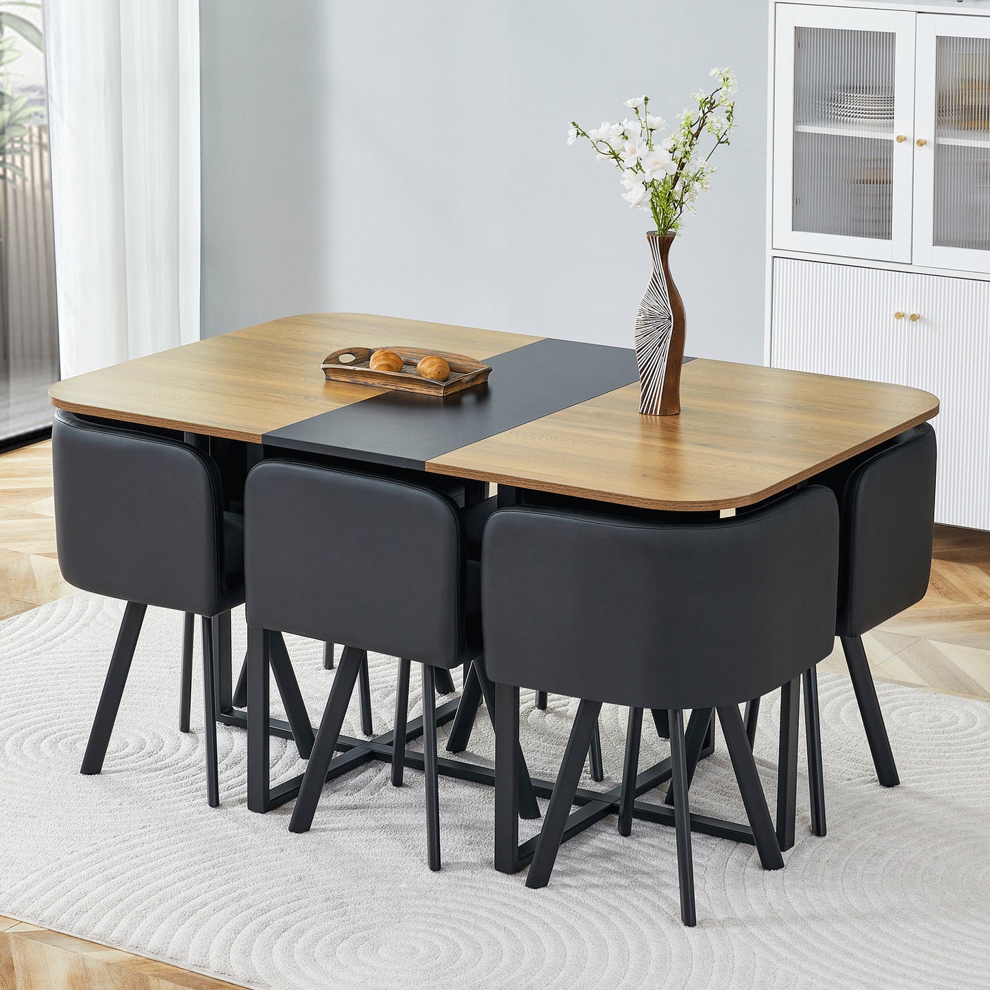 7-Piece Dining Table Set For 6, 1 Table & 6 Black PU Upholstered Chairs, Black & Wood Grain Melamine Table, Modern Kitchen Nook Set For Dining Room, Apartment & Small Space