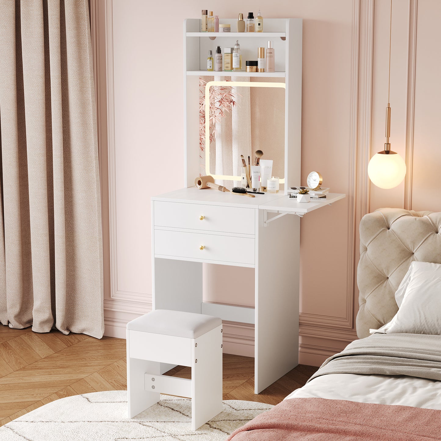 Small Dressing Table With Adjustable LED Lighting And -Incl. 1 Stool, 2 Drawers, Two Open Compartments And Storage Space With 25cm Folding Table Top Colour White Dimensions  WxHxD 75 X156 X45 Cm