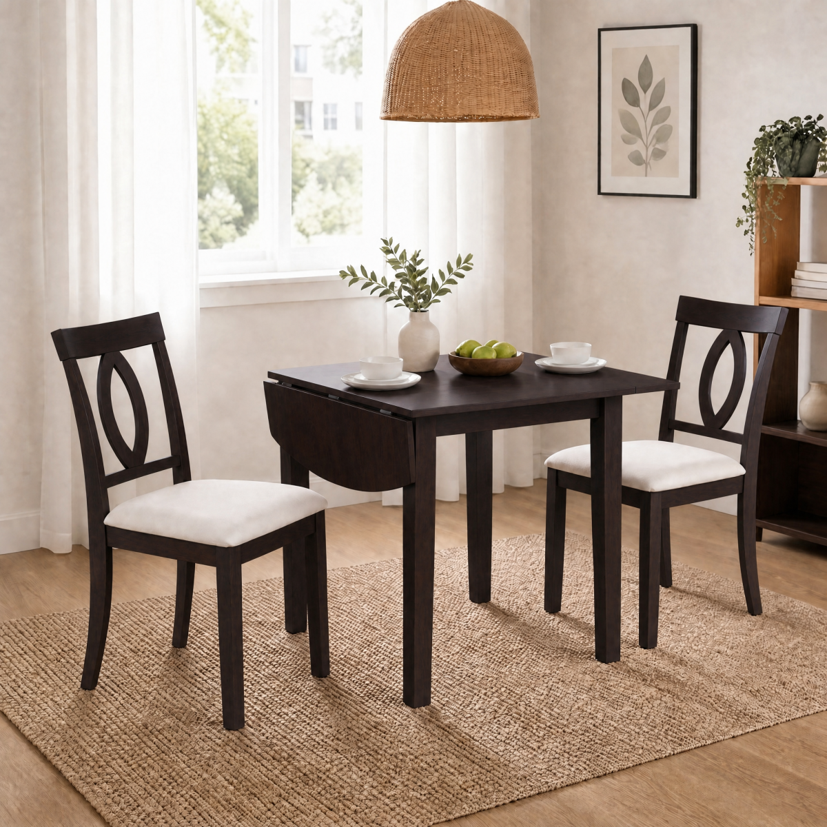 3-Piece Drop Leaf Wood Dining Table Set, 1 Folding Extendable Table, 2 Upholstered Chairs, Small Space Dining Set for 2 People,Space-Saving, Apartments, Kitchen Room, Dark Brown