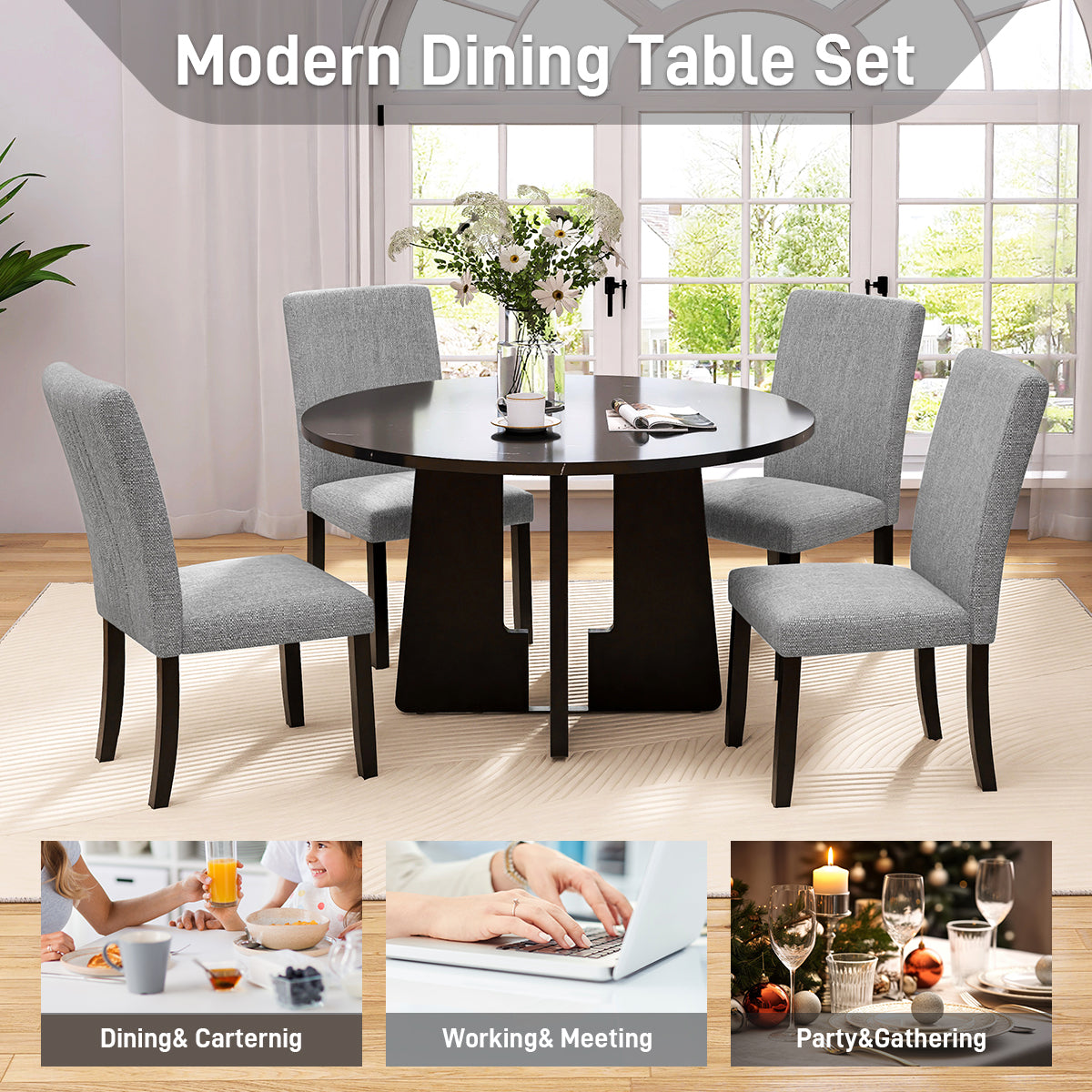 Round Dining Table For 4, 43-Inch Faux Marble Top, Mid-Century Modern Round Dining Table For Cafes, Restaurants, Bars, Home Offices And Conference Rooms  Black